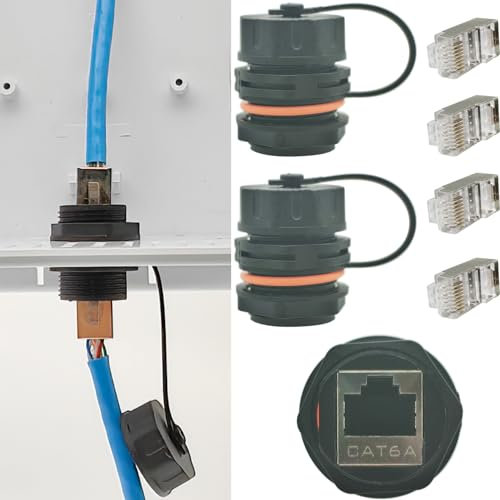 CTRICALVER RJ45 Waterproof Connector, 2 pcs CAT6A/6/5E/5 Ethernet Cable Connector + 4 pcs crystal heads with Shielded Industrial Panel Mount female to female docking Coupler with Waterproof/Dust Cap