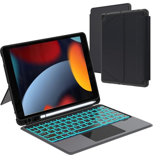ROOFEI for iPad 10.2 inch 9th 8th 7th Generation Case with Keyboard - 7 Color Backlit Detachable Tablet Cover with Touchpad - iPad 10.2 / Air 3 10.5/iPad Pro 10.5 UK Layout Magnetic Keyboard Case