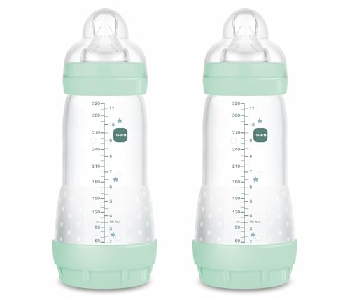 MAM Pack 2 Biberones Anticólicos, a partir de 4 Meses, 320ml, con Tetina 3 Flujo Rápido de Fácil Aceptación, Autoesterilizable y Fácil de Limpiar, MAM Easy Start Anti-Colic, Azul Brillante, Pack 2uds