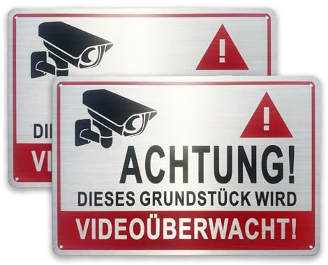 Schild Videoüberwachung 2 Stück 30x20cm Aluminium Privatgrundstück Kameraüberwachung Achtung Für Haus, Gewerbe（rot）