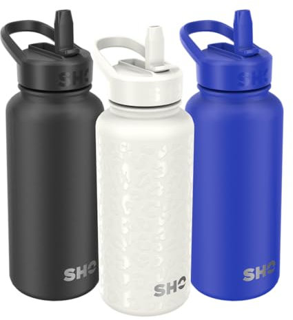 SHO Guzzler Water Bottle with Straw Lid - Leakproof, Dishwasher Safe, BPA Free, No Sweat, Vacuum Insulated Double Walled Stainless Steel Flask, 950ml & 1900ml - 24 Hours Cold (Cream Leopard, 950ml)