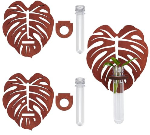 MAYJOYDIY 2 Set Hölzerner Wandpflanzer Mit Monstera Blättern Wand Anzuchtstation Pflanzenhalter Dekorativ 2 Reagenzglas Anzuchtvase Für Zuhause Büro Dekoration Garten Pflanzenstützen