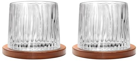Rotatable Old Fashioned Crystal Whiskey Glass Set of 2, 275ml/10oz, Wood Coaster, Thickened, Used as Rum, Cocktail, Coffee, Milk Cup for Relaxation