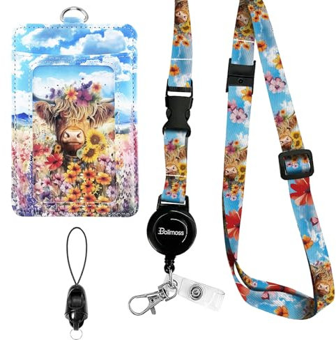 bolimoss Highland Cow Badge Holder and Adjustable Retractable Lanyards, Cute Lanyard for ID Badge Card, Breakaway Neck Lanyards with Badge Reels, Quick-Release Buckles with Leather Card Badge Holders