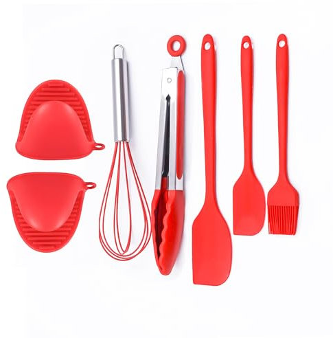6PCS Silicone Kitchen Cooking Utensils Set for Nonstick Cookware with Brush, Spatula, Whisk, Tongs, Oven Mitts for Baking, Grilling and Air Fryers-Red