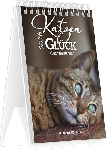 Alpha Edition - Katzenglück 2026 – Tischkalender 10,5×14,8 cm mit 53 Katzenmotiven & Sprüchen, dekorativer Aufstellkalender für Zuhause & Büro, perfektes Geschenk für Katzenliebhaber