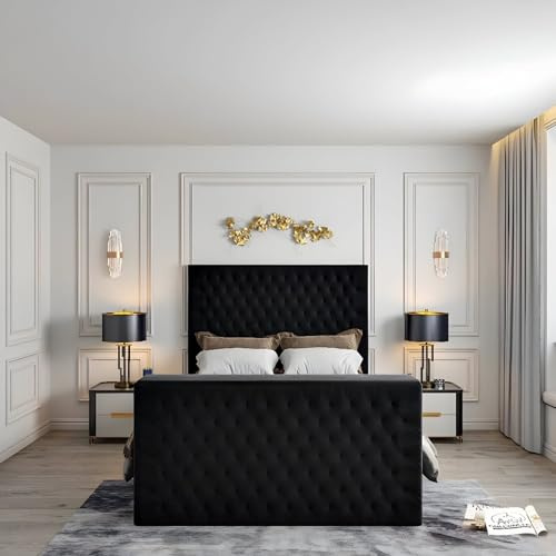 Urban Craft Plush Velvet Upholstered TV Bed with Remote-Controlled Lift Mechanism Luxury Panel Style and Functionality in 3 Sizes & 6 Colours, TVs Up to 50 inch (Plush Black, Super King)