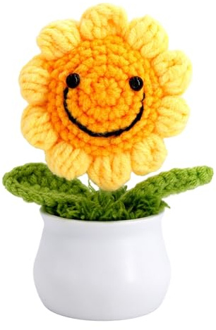 EANAGO Gehäkelte Blume als Wohlfühl-Deko Häkelblume inkl. Blumentopf | Handgefertigte Häkel-Deko-Blume in Leuchtendem Gelb, Pflegeleicht und Ganzjährig Einsetzbar für Fröhliche Räume, Geschenkidee