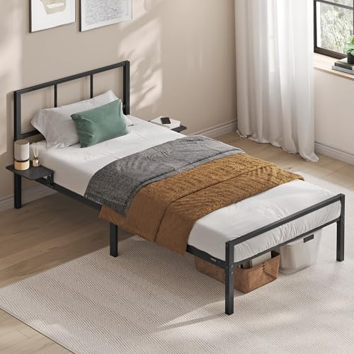 VASAGLE Single Metal Bed Frame with Headboard, Bedside Shelves