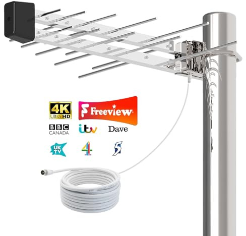 Antenna TV esterna a lungo raggio - Antenna digitale HDTV per canali Freeview 4K/1080P, forte ricezione VHF/UHF, antenna TV esterna e loft resistente alle intemperie con cavo coassiale da 10 m (palo