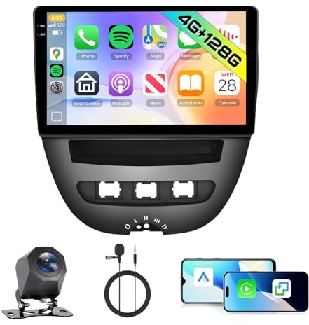 Hodozzy Autoradio 4G+128G für Toyota Aygo/Peugeot 107/Citroen C1 2004-2014 Android 10 Zoll InCell Touchscreen Navi Carplay Wireless Android Auto, Radio Doppel Din Bluetooth DSP WiFi FM RDS Kamera