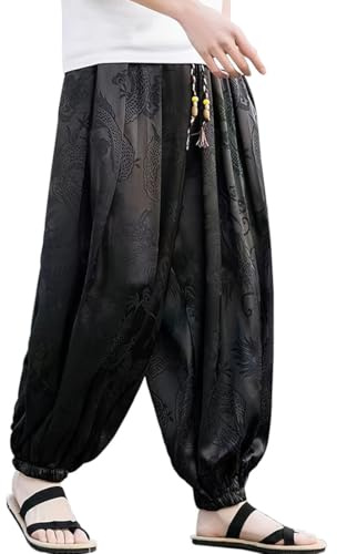 HZCX FASHION Mens Womens Harem Pants Dragon Aladdin Pant Baggy Joggers Kung Fu Hanfu Tai Chi Yoga Pants Loose Trousers(Black,Medium)
