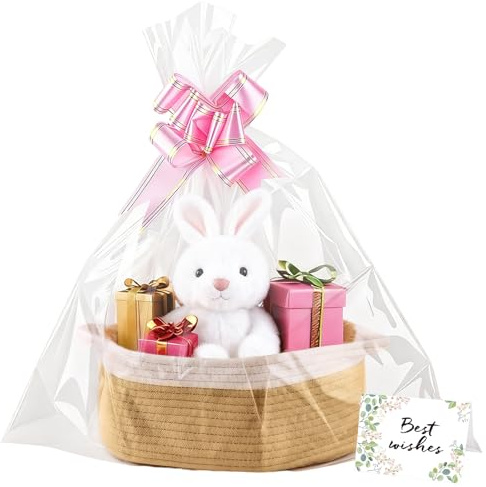 YOUNGSAY Geschenkkorb Leer mit Grußkarten, Bändern und Verpackungsbeutel | Größe: 30 x 20 x 12cm, Handgefertigte Baumwollseilwebere für Geschenkverpackung oder Aufbewahrung von Artikeln