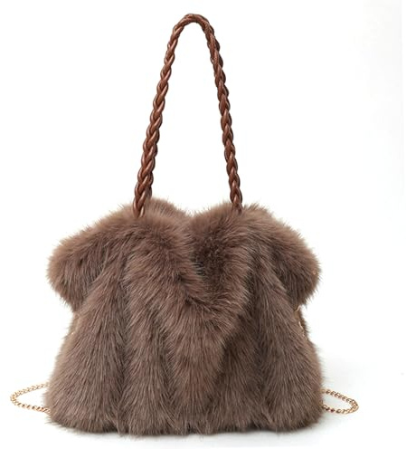 Obelunrp Borsa da donna in pelliccia, borsa in pelliccia sintetica da 13x11, 4 pollici con manico pelle e catena metallo, soffici borse tote, a tracolla per l'inverno