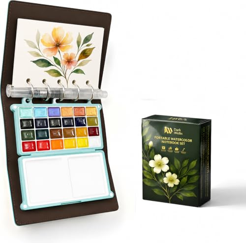 Set di pittura ad acquerello portatile per adulti – Kit da viaggio per acquerelli da 24 colori con taccuino (pagine bianche e nere), pennello e tavolozza ricaricabili, set artistico tutto in uno per