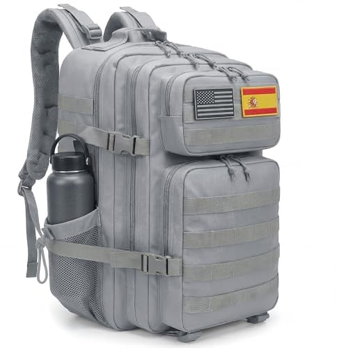 unycos - Mochila Táctica Militar 45L con Bolsillos Laterales, Gris | Sistema Molle, Tela Oxford 900D Resistente, con Bolsillos para 3 Días de Emergencias para Caza, Senderismo y Aire Libre