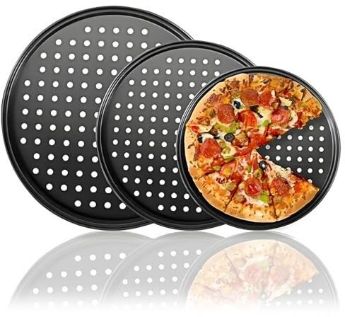 3 Pezzi 32/29/26CM Teglia Pizza Antiaderente Professionale Rotonda, Teglie Acciaio Carbonio Pizza da Forno Forata, Teglia Pasticcini Riscaldamento Uniforme per Cottura in Casa e Nei Ristoranti