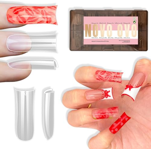NOVO OVO Nail Tips Gel X Duck Nails XL – 240 Stück Full Cover Nagelspitzen Sculpted Moon Curve (Klar), Extra Long 33mm Soft Gel Entenform Tips für gewölbte Nägel, PMMA Acryl Verlängerung (15 Größen)
