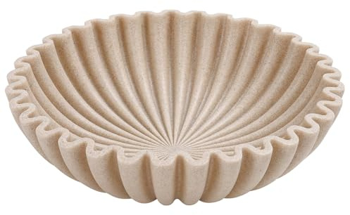 trucphil Large Decorative Bowl for Home Décor, Handmade Modern Fruit Bowl for Kitchen Counter, Ruffled Design Key Bowl for Entryway Table, Artificial Stone Finish, Beige