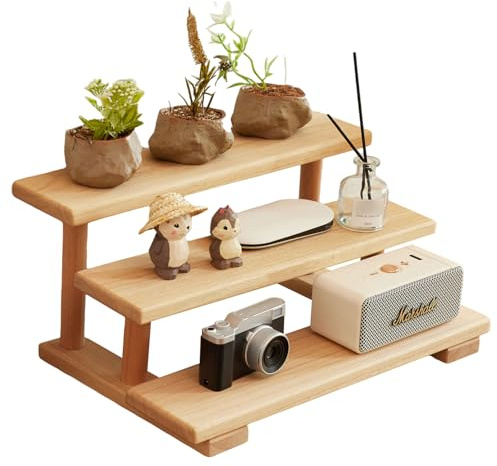 KIRIGRN 3-Etagen Holzregal aus Paulownienholz, Platzsparendes Tischregal, Multifunktionales Dekorationsregal für Wohnzimmer, Küche, Schlafzimmer, Handgefertigt, Leicht, Modernes Design (Natur)