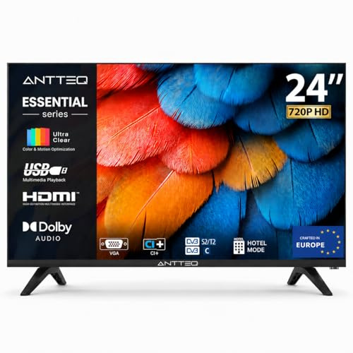 Antteq AE24H5-Q1 Téléviseur 24 Pouces(TV 60 cm) LED, Triple Tuner DVB-C/T2/S2, Mode Hôtel, Dolby Audio, VGA, HDMI, USB-Media Player, CI+