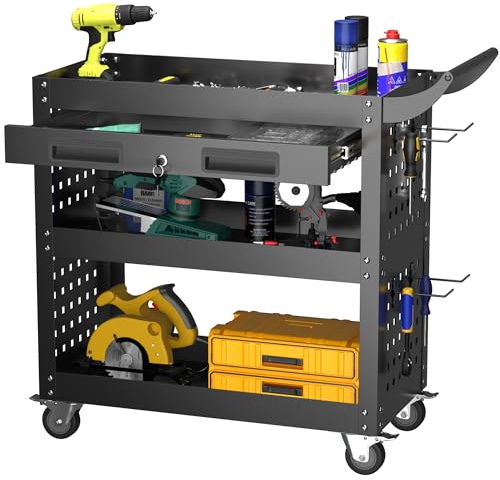 LOCENHU Werkstattwagen Metall-Handwagen Montagewagen 75×70×35 cm, mit Abschließbarer Schublade, Vier Haken, Maximale Tragfähigkeit 150 kg，Schwarz