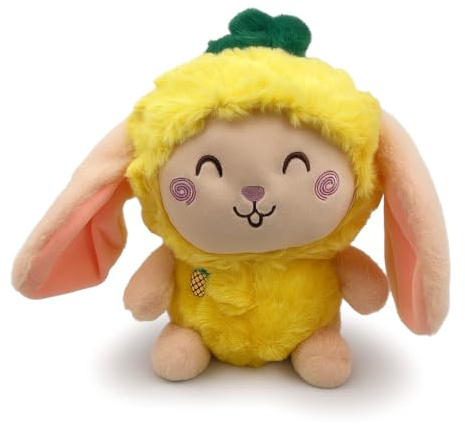 Generisch Conejo de peluche de 25 cm – Lindo conejo de peluche con disfraz de fresa – Suave peluche rosa – Regalo para niños y bebés (conejo en traje de piña)