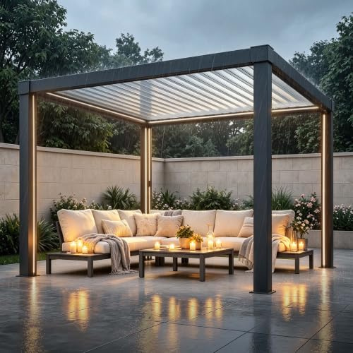 SUNJOY Pergola Bioclimatique 3x3 m en Aluminium, Tonnelle de Jardin avec Éclairage LED Solaire et Télécommande, Toit à Lames Orientables, Pavillon Extérieur Tout Temps Résistant au Vent et à la Neige