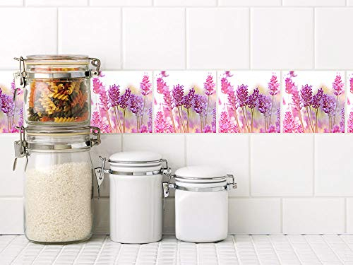 GRAZDesign Fliesenaufkleber Set Lavendel Blume rosa Feld, wasserfest für Bad & Küche, Klebefliesen - Set 10 Stück