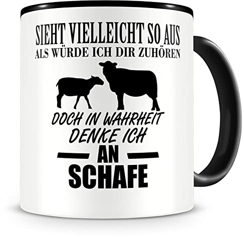 Samunshi® Ich denke an Schafe Tiere Tasse Kaffeetasse Teetasse Kaffeepott Kaffeebecher Becher H:95mm/D:82mm schwarz