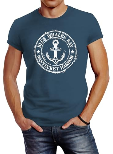 Neverless® Herren T-Shirt Anker Motiv maritim Retro Badge Vintage Anchor Print Denim Blue L