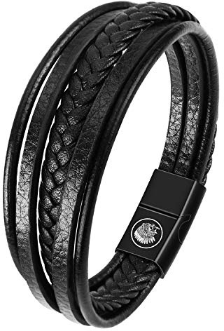Casisto.J Lederarmband Herren Armband Herren Männer Leder Edelstahl Gravur Schwarz Geflochten mit Magnet Verschluss