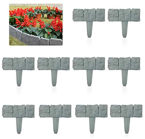 Vockvic Rasenkanten 10 Stück, 2.5M Beeteinfassung Gartenzaun Grau Kunststoff Palisade Stone Effect Beetumrandung, Blumenbeet Gras Garten Beet Pflanzengrenze