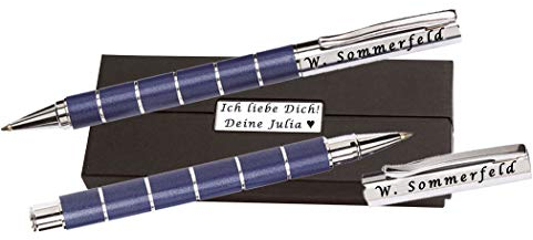 Schreibset mit Gravur & Geschenkbox mit Metallplättchen - Kugelschreiber (blauschreibend) & Rollerball (schwarzschreibend)