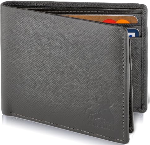 RFID Bifold Leather Wallet for Men with Flip Up ID in Vintage Buffalo Brown, Wild Mountain Grey, S, Modern