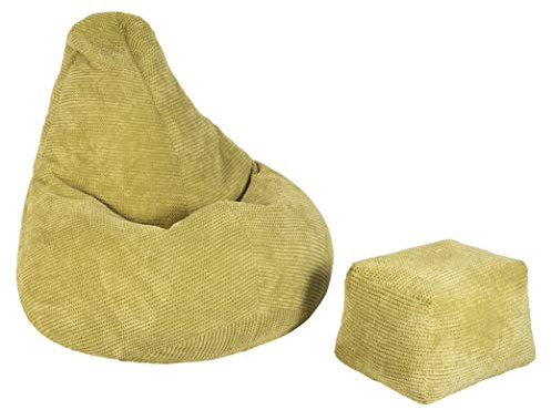 Loft 25 sitzsack Cord mit Fußhocker – Gaming sitzsack mit füllung, Komfortabler Bean Bag, sitzsack Erwachsene mit Rückenlehne,sitzsäcke,Bean Bag Chair (Kalk, Sitzsack + Fußhocker)