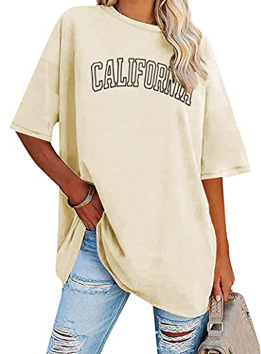 Dresswel Oversized T Shirt Damen California Brief drucken Vintage T-Shirt Kurzarm Rundhals Sommer Oberteile Lose Bluse Lang Tunika Top für Teenager Mädchen