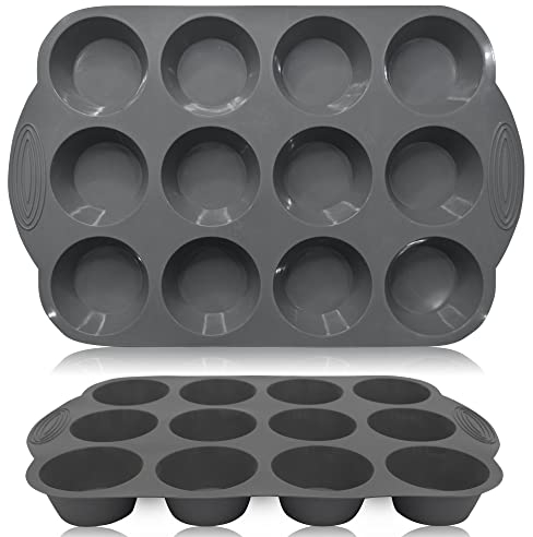 EATO Set of 2 Muffin Tray 12 Cup Silicone Yorkshire Pudding Tray, Muffin tin, Non-Stick Muffin Cupcake Tin for Muffins Cupcakes or Yorkshire Puddings, Bakeware 33 x 22 x 3 cm (Grey)