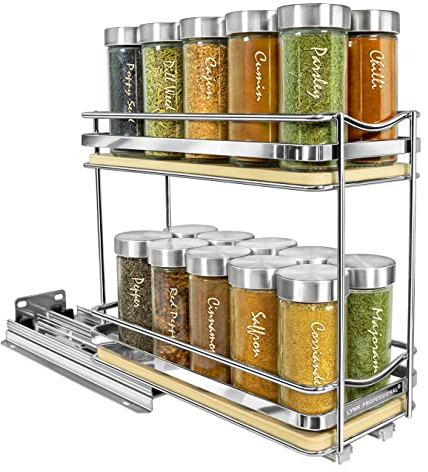 Lynk Professional® Élite™ Ausziehbares Gewürzregal für Schrank, 10,2 cm breit, ausziehbares Regal, Holz und Chrom, 2 Etagen