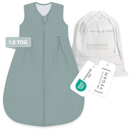 emma & noah Premium Baby Schlafsack Sommer, Bequem & Atmungsaktiv, 100% Bio-Baumwolle, OEKO-TEX Zertifiziert, Flauschig Weich, Bewegungsfreiheit, 1.0 TOG (Essential Mint, 70 cm)