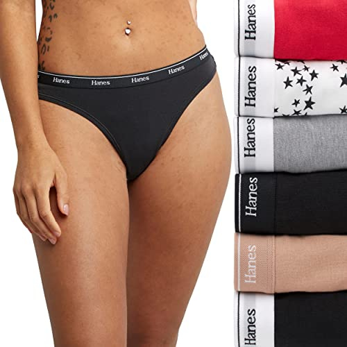 Hanes Originals Women's Underwear Thong Panties, Stretch Cotton Underwear, Basic Assorted Colors, 6-Pack