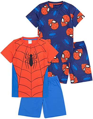 Marvel Spider-Man Boys Pyjama Set | 2 Pack Blue & Red Short Sleeve T-Shirt with Shorts PJs For Kids | Spider Man Nightwear Costume Superhero Pyjamas Movie Game Merchandise Gift for Children