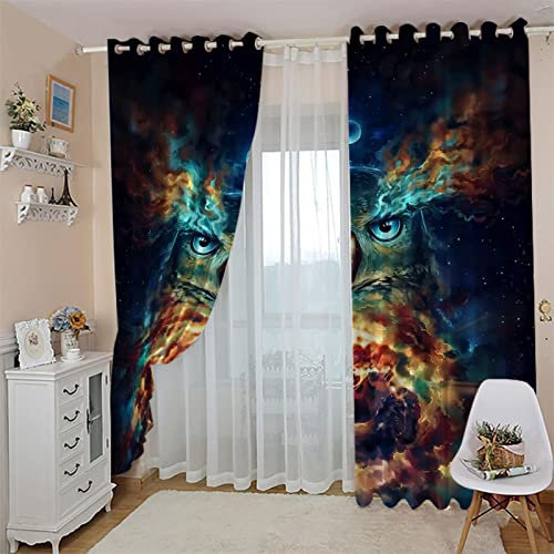 TFLABS Fenster Vorhang Schlaufen-Vorhang 2 Stück x 140 B x 245cm H Sternenhimmel & Eule Dekorative Gardine Schlaufenschal Fenster-Schal