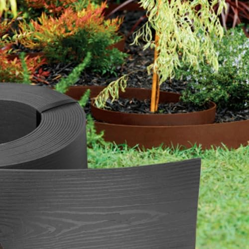 GARDENIX Flexible Rasenkante Kunststoff 10m, Höhe 8cm - Rasen Beeteinfassung Holzoptik - Beetumrandung Rund - Wetterbeständige Rasenbegrenzung, Rasenkanten Anthrazit