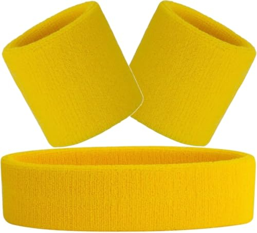 Hatstar 3-teiliges Schweißband Set | Schweißbänder für Handgelenk und Kopf | Stirnband für Damen & Herren (gelb)