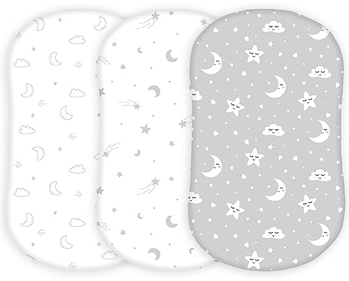 TansyPanda Bassinet Sheets for Halo Bassinest Swivel, Flex, Glide, Premiere and Luxe Series Sleeper, Pack of 3, 33 X 17 Inch, Ultra Soft, Snug Fit, Unisex Boys Girls, Gray White (Moon, Stars, Clouds)