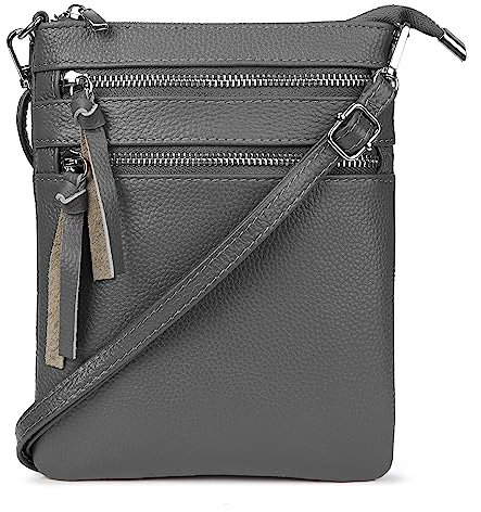 befen Echtleder Umhängetasche Damen Klein Handtasche Leder Crossbody Bag mit 4 Fächern, Handytasche zum Unhängen Damen mit verstellbarem Schultergurt, Dunkelgrau