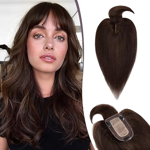 TESS Hair Topper Echthaar Braun, 7x13cm Basis Toupet Damen #2 Dunkelbraun mit Pony Haartopper Echthaar 44g 35 cm Haar Topper Clip in Haarteil Extensions