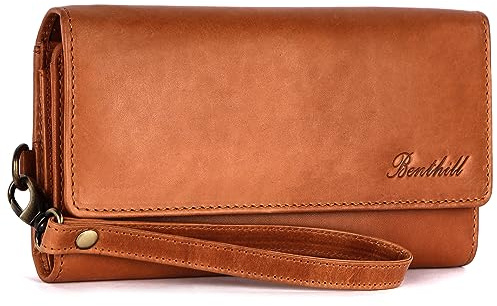 Benthill Geldbörse Damen Leder RFID | Damen Portemonnaie Groß mit vielen Kartenfächer | Grosses Vintage Slim Portmonee | Schmale Lange Damenbörse inkl. Geschenkbox, Farbe:Braun