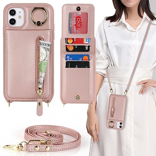 Cavor Phone Case compatible with iPhone 11 With Strap,Flip Folio Leather Wallet Case,[4 Card Holder][Ring Stander][Snap Closure] Crossbody Lanyard Cover - Rose Gold